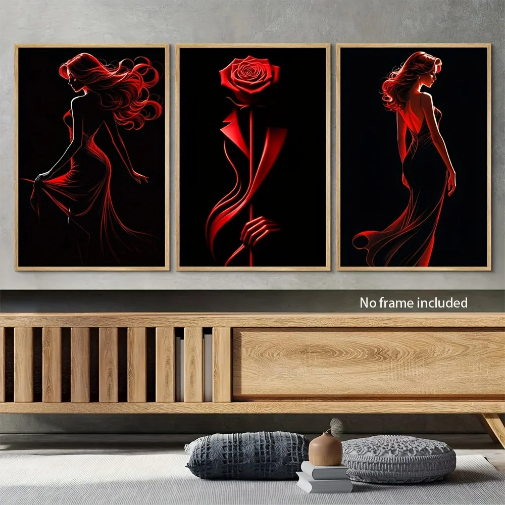 3 piezas de siluetas femeninas artísticas y impresiones de carteles de rosas, adecuadas para decoración del hogar, sin marco, decoración de estilo de pintura para