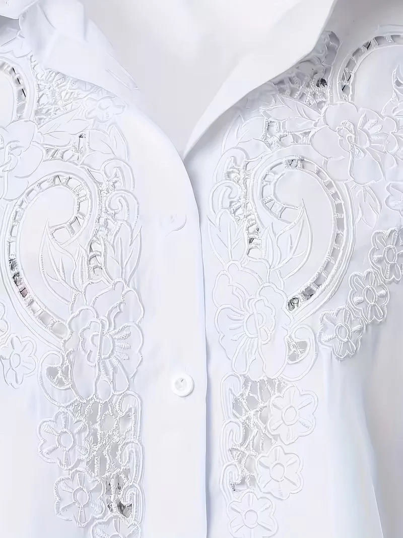 Plus Size Solid Long Sleeve Shirt, Elegant Embroidery Hollow-out Blouse for Commute Vacation