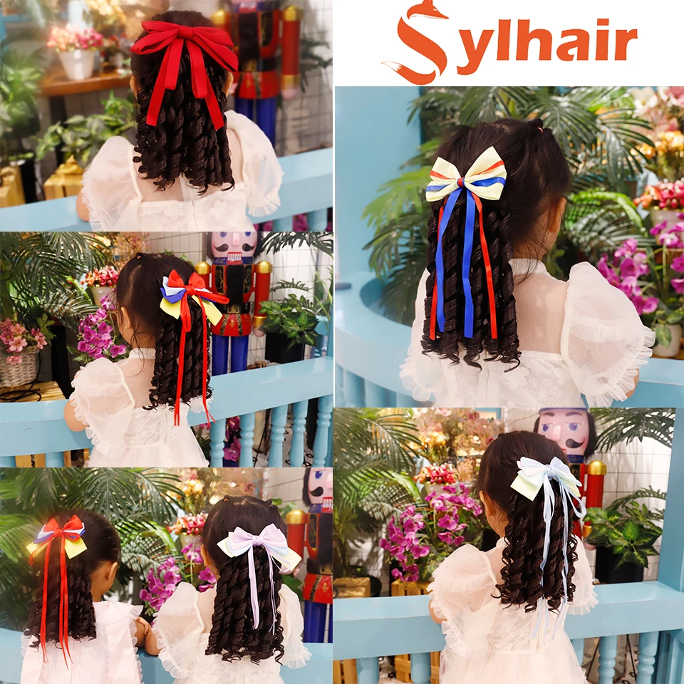 Children\'s Hair Ponytail Clip with Bow Synthetic Black Princess Curly Wig Hairpieces For Kids Evening Party Head Wear Accessorie