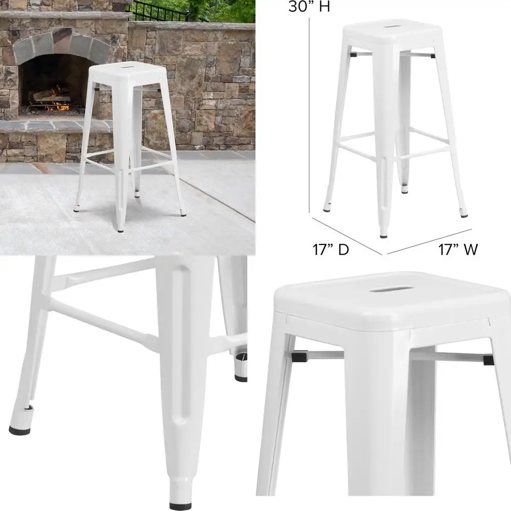 EMMA + OLIVER Taburete de bar sin respaldo de metal blanco en forma de H de alta calidad de 30 pulgadas, adecuado para uso interior y exterior, asiento cuadrado