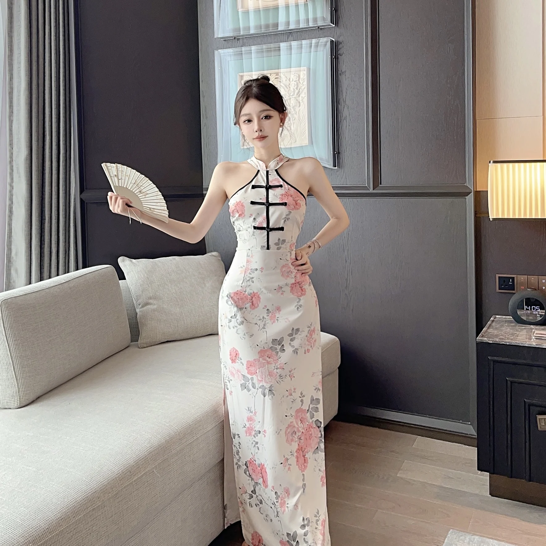 Novo chinês sle reunido menina ne pendurado split impresso dr verão 2025 na moda saia vintage longo