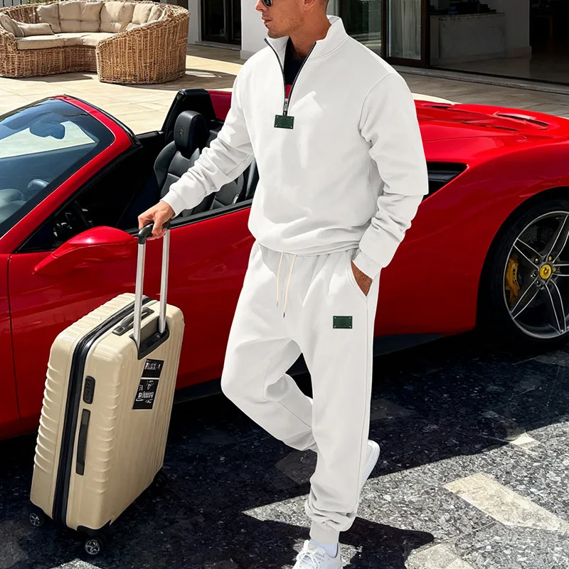 Set di pantaloni sportivi casual con colletto rialzato per pendolari con logo in velluto allentato da uomo invernale transfrontaliero