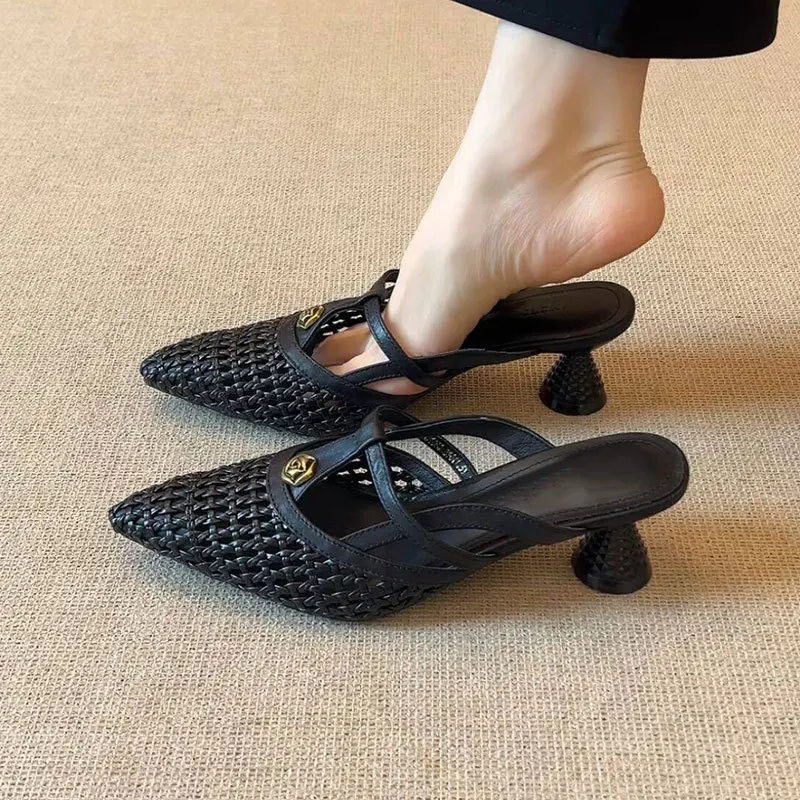 الفرنسية قسط عالية الكعب النساء النعال زهرة أنيقة البغال أحذية الكعب الصنادل 2025 الصيف الشرائح فستان مضخات أحذية امرأة