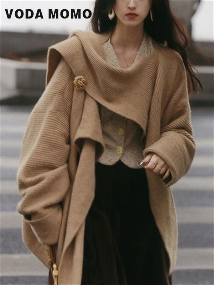 

Vintage Cardigans Women Korean Style Elegant Slouchy Special Asymmetric Loose Fashion Girl Designed Knitted Long Sleeve Sweaters