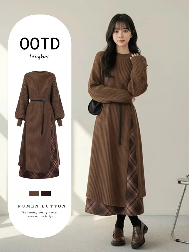 

plus Size Autumn Winter Knitted Sweater And Plaid Skirt Set Women's Vintage Mid-Length Fashion Ensemble High Waist Skirt
