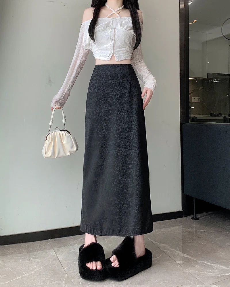 2024 Autumn Winter New Pu Leather Long Skirt Straight Split Skirt Y2k  Vintage  Harajuku