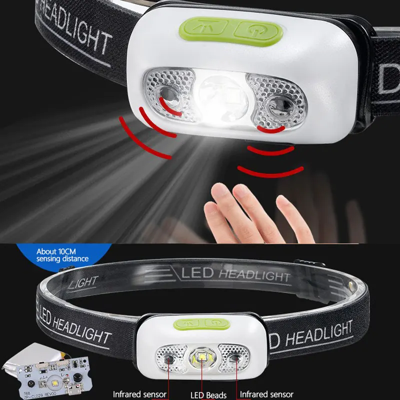 Mini linterna LED con Sensor de movimiento, linterna de cabeza Con 4 modos de camping, recargable vía USB, 6000LM