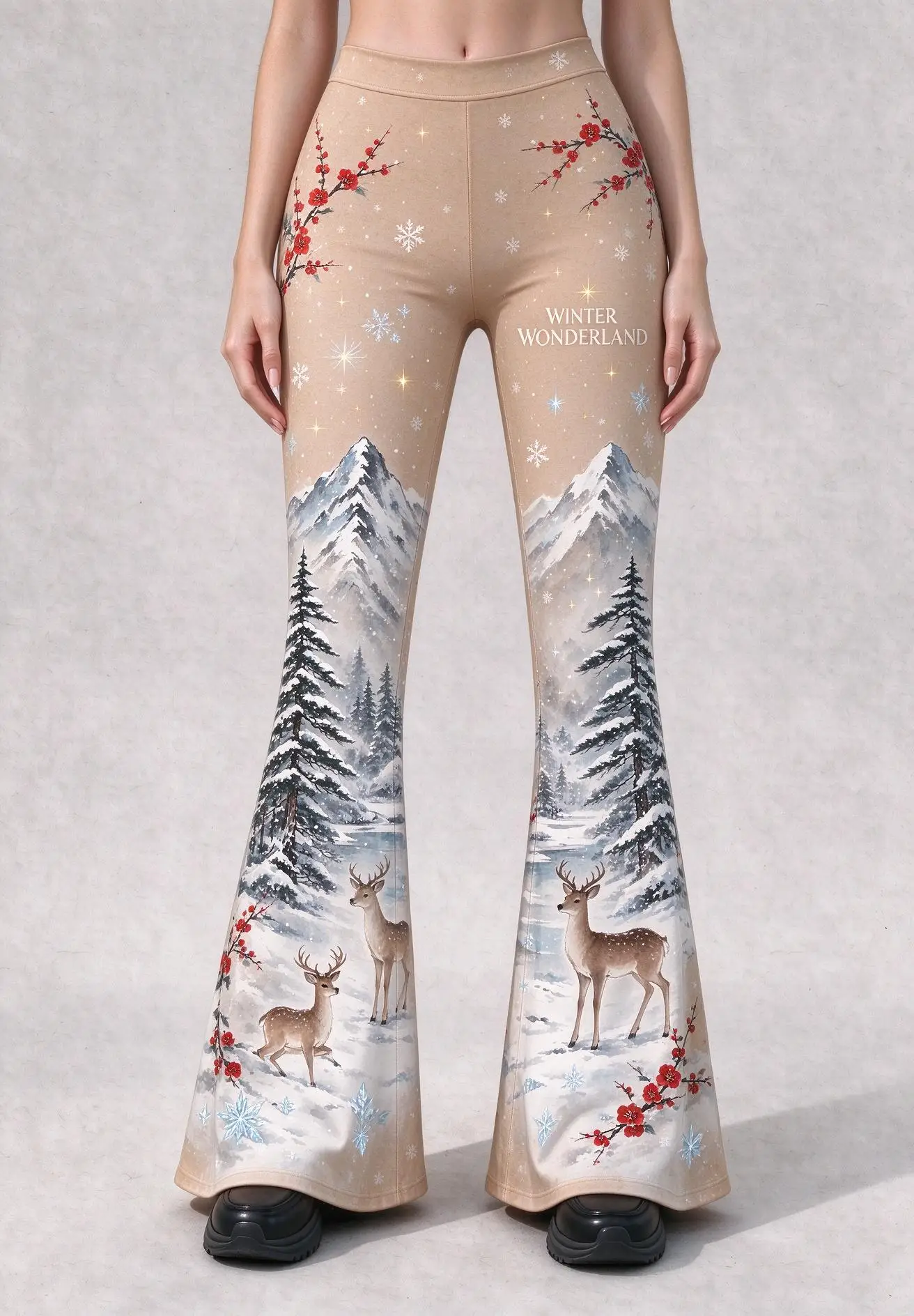 Women Mid Waist Skinny Flare Pants Christmas Reindeer Snowflake Print Stretch Bell Bottom Trousers