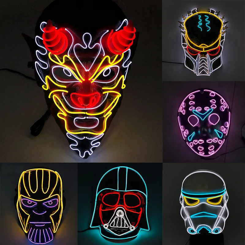 Popularne Halloween świecące mieszane kolory maska LED Light Up Horror maska Luminous Neon Cosplay maska na twarz Rave Halloween Supplies