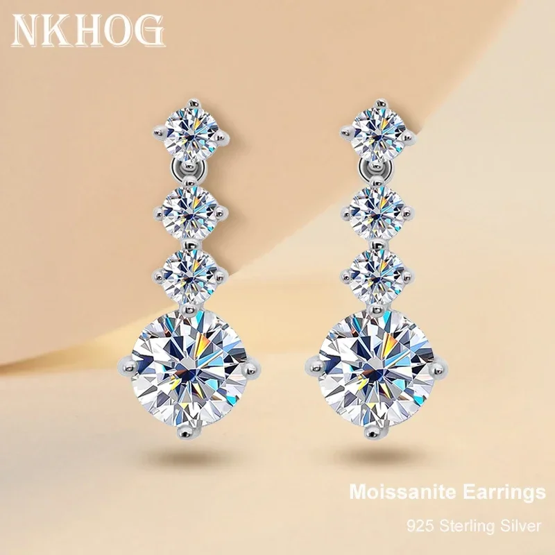 NKHOG S925 Silver Moissanite Drop Earrings For Women 2.6 Carat D Color VVS1 Moissanite Diamond Engagement Wedding Jewelry Gift