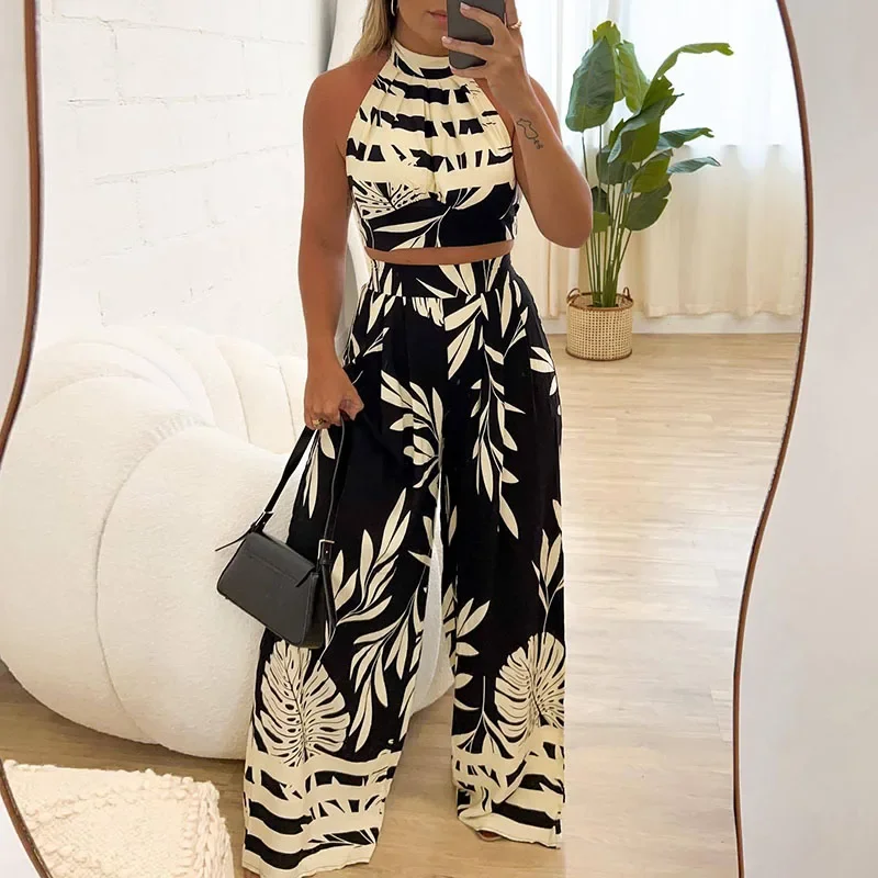 

2024 Spring Summer Print Two Piece Set Women Sexy Halter Backless Lace-up Top and Wide Leg Pants Outfits Female Hollow Vest Suit