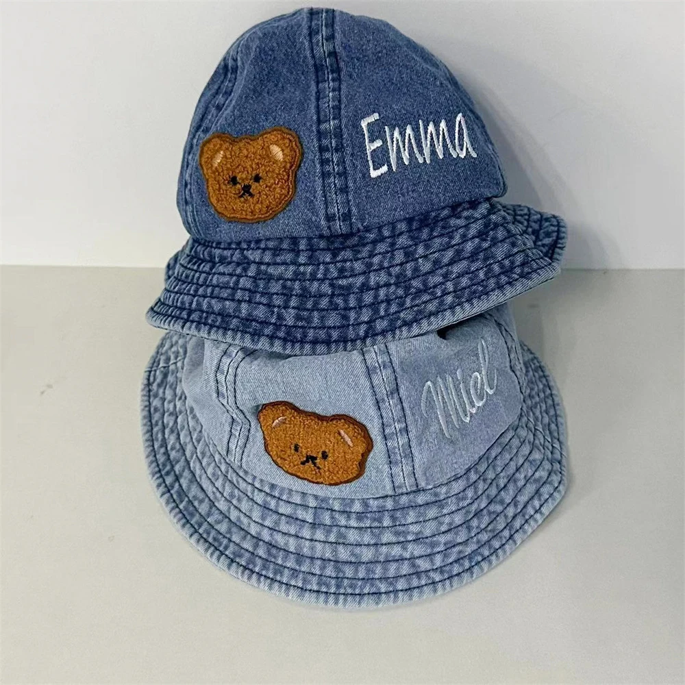 Sombrero de Sol de oso pequeño para niños y niñas, sombrero de pescador con nombre personalizado, regalo de fiesta de Baby Shower