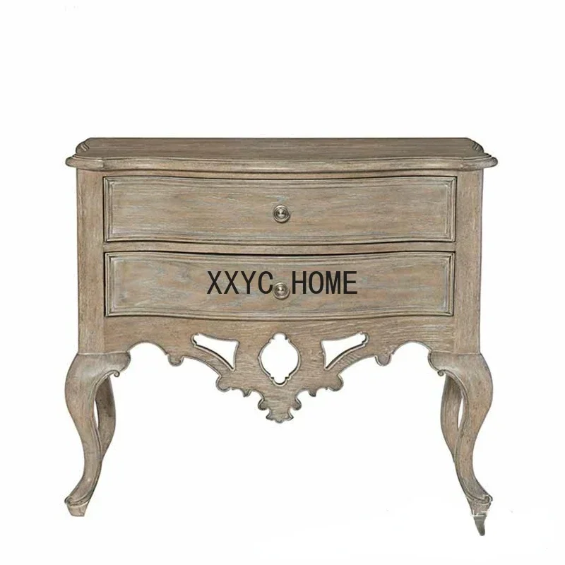 Solid Wood Bedside Cabinet Vintage Distressed Carved Two-Drawer Three-Drawer Storage Cabinet Bedroom Bedside Storage Cabinet