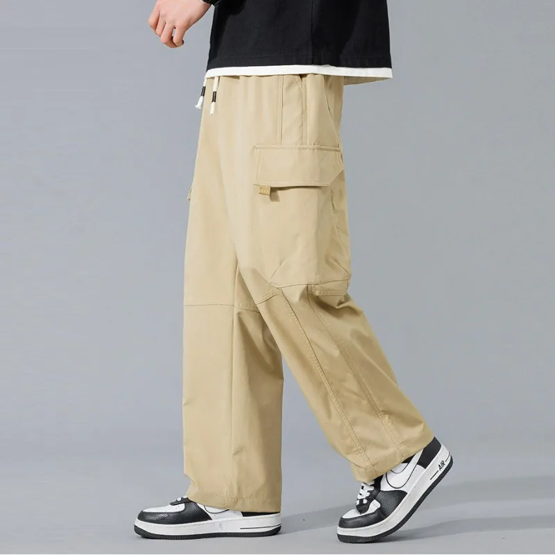 KIDWHXR Cargo Pants Autumn Men Korean Solid Drawstring Pocket Male Straight-leg Pant Outdoor Sport Loose Casual Man Trousers