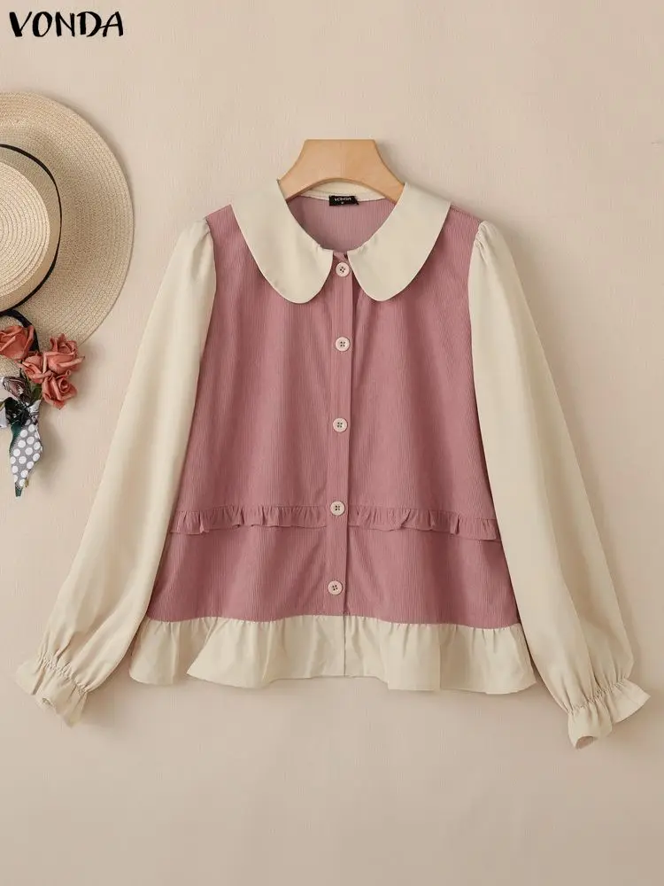 VONDA Moda Manica Lunga Camicie Eleganti Donna Autunno Top Camicetta 2025 Casual Colore Patchwork Colletto Peter Pan Ufficio Blusas