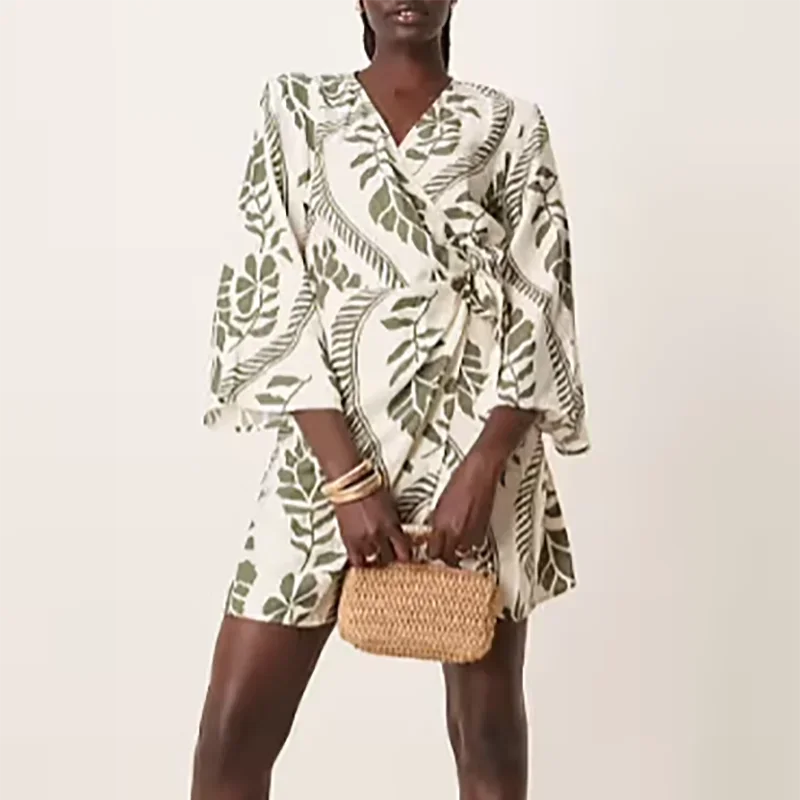 

Fashion V-Neck Banquet Party Dress Summer Female Vacation Beach Pullover Dress 2025 Women Long Sleeve Floral Print Mini Dress