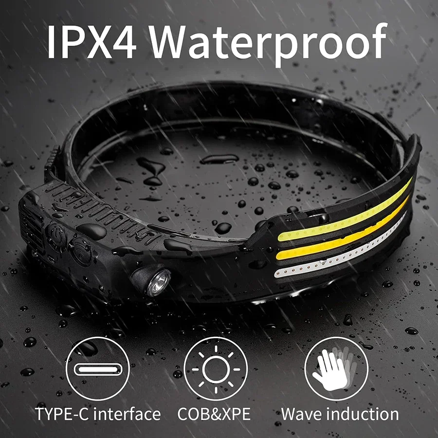 Светодиодный сенсорный налобный фонарь XPE + COB, перезаряжаемый налобный фонарь, встроенный аккумулятор 18650, фонарь для рыбалки, водонепроницаемый фонарик для кемпинга