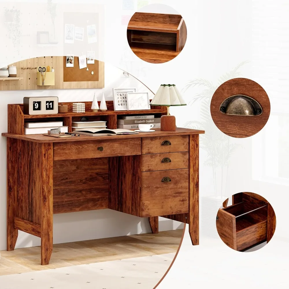 Biurko komputerowe 122 cm z 4 szufladami i półką, drewniane biurko executive na komputer stacjonarny lub laptop.