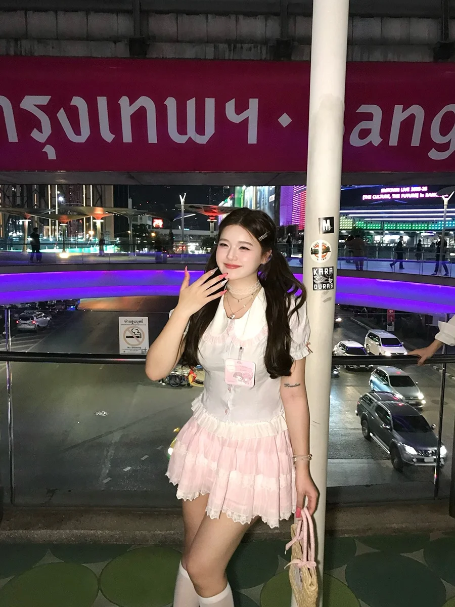 

Sweet Tea Peach Jelly Cake Skirt Doll Collar Waist Cinching Fatty School Girl Top Bottom Set Summer Commute Style Short Sleeve