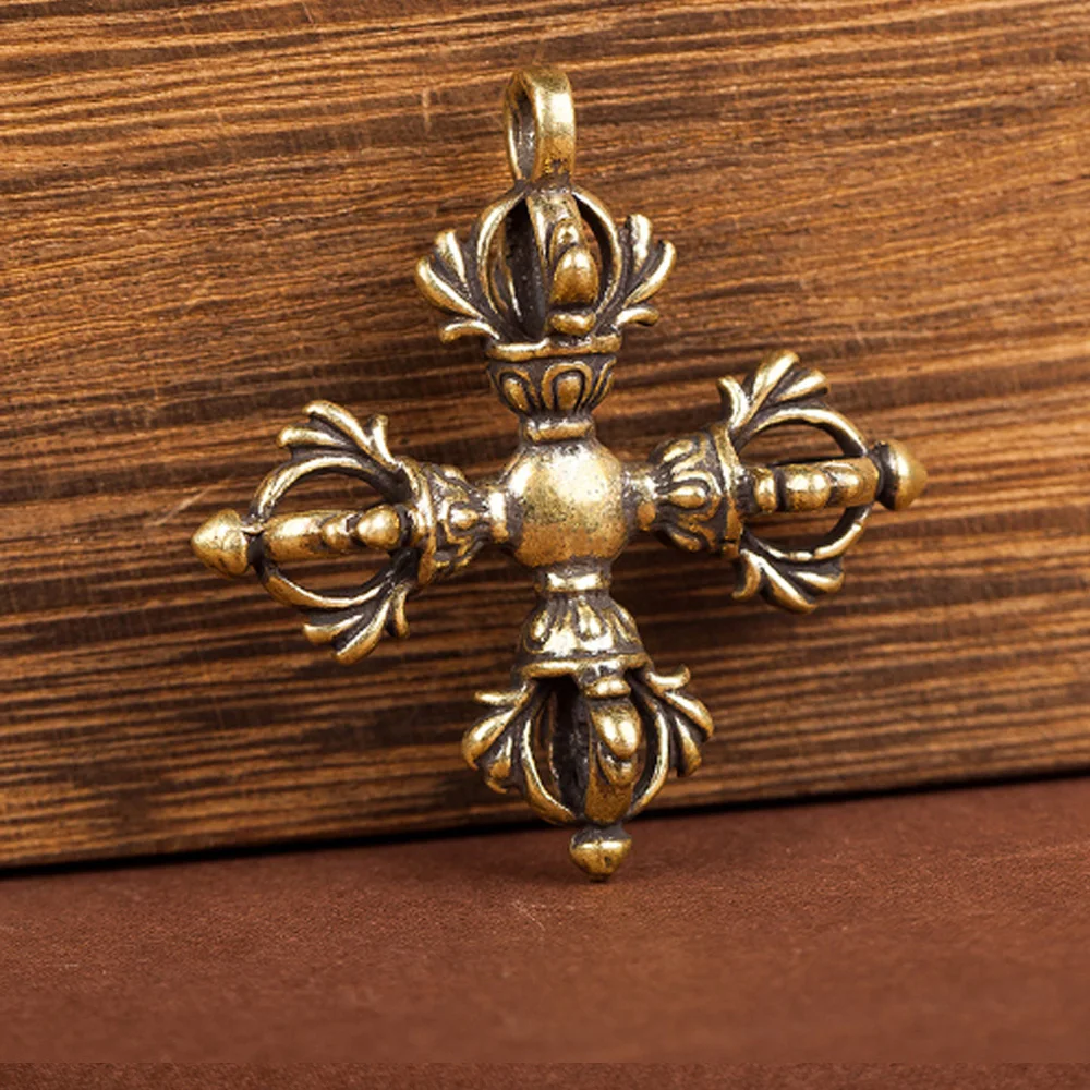 Messing-Kreuzförmiger Vajra-Stößel Tibetisches Feng-Shui-Ornament Buddhistisches Amulett Dekoration Sammlerstücke Meditationszubehör – Detail 2