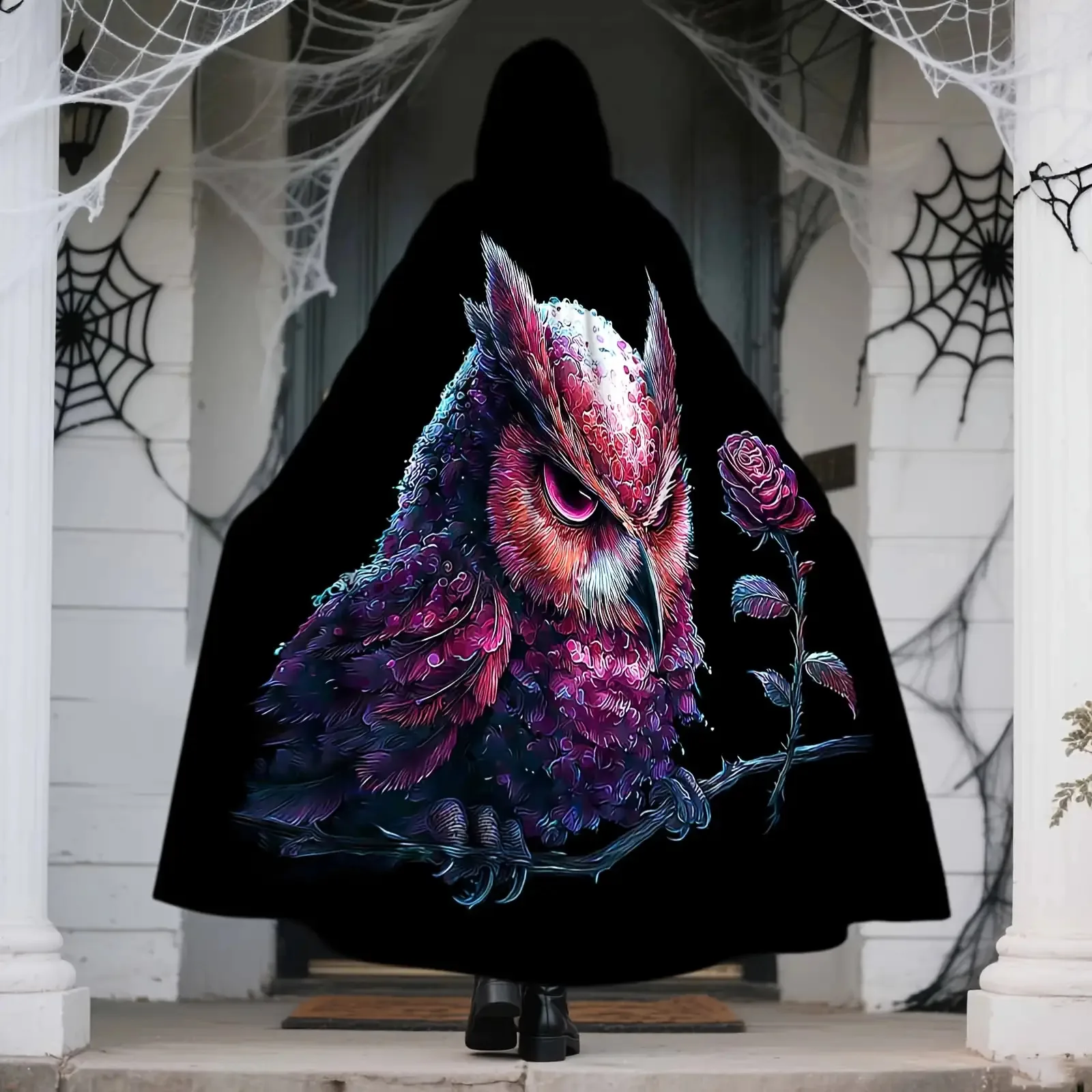 

1pc Gothic Elegant Adult Hooded Cape Cloak with Purple Owl & Rose Print on Dark Background Machine Washable Satin Fabric