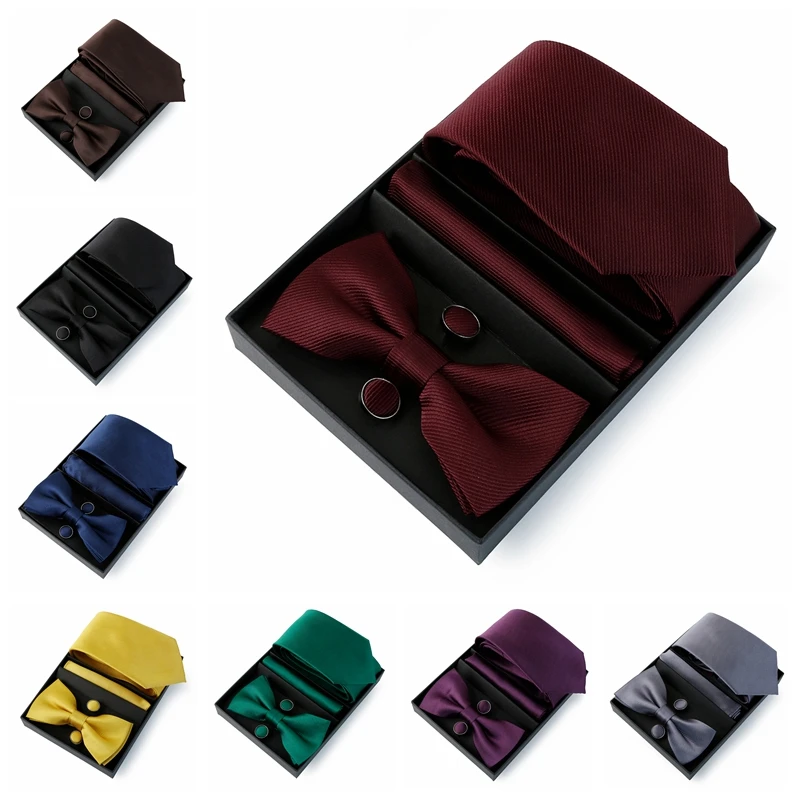 

4 PCS Luxury Box Tie Set For Men Necktie Bowtie Handkerchief Cufflinks Polyester Mens Suit Wedding Party Gift Cravat Accessory