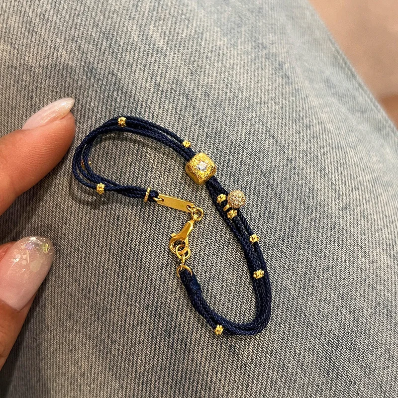 Fashion inlay diamonds square navy blue woven punched texture bracelet multi-layered ethnic style charm bracelets party jewelry