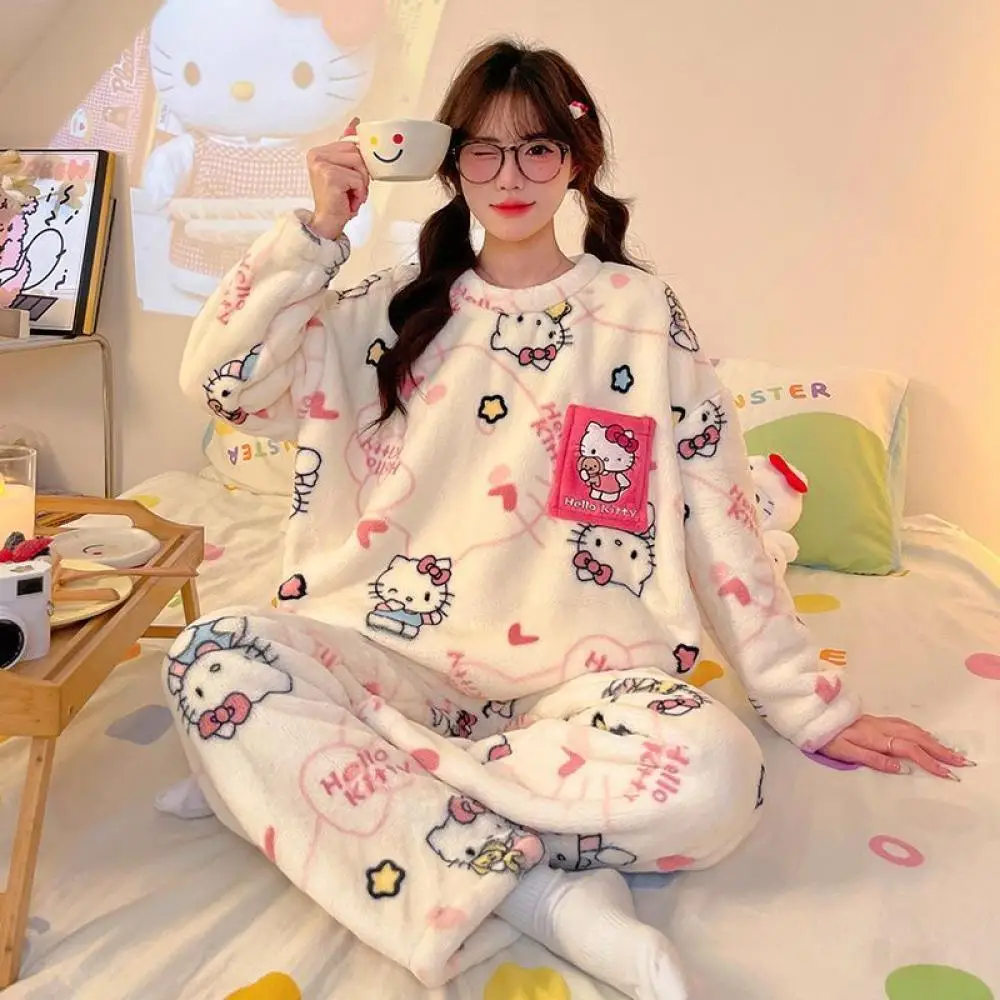 Cartoon Hello Kitty Anime Women Pajamas Suit Anime Winter Girls Coral Fleece Sleepclothes Flannel Velvet Thicken Homewear Suit