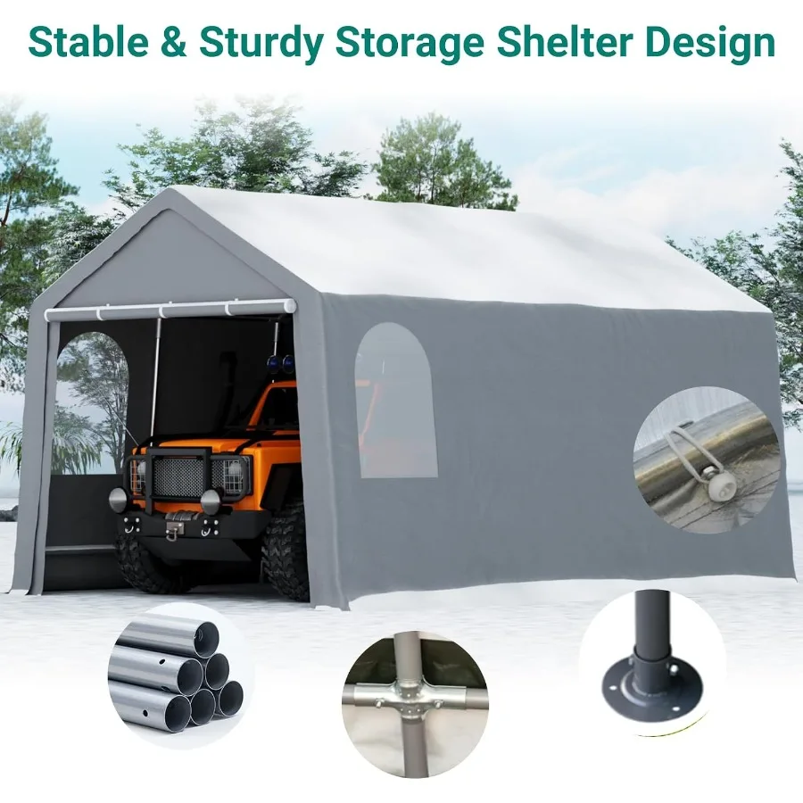 Heavy Duty Anti Snow Carport: Portable Garage Canopy with Heavy Duty PE Fabric and Steel Frame, Ash Gray, All-Weather Waterproo