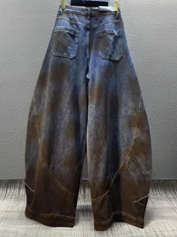 

High Waist Pleated Graffiti Wide Leg Jeans Slimming Effect Spring Collection Casual Style Zipper Closure Blue Denim Pants