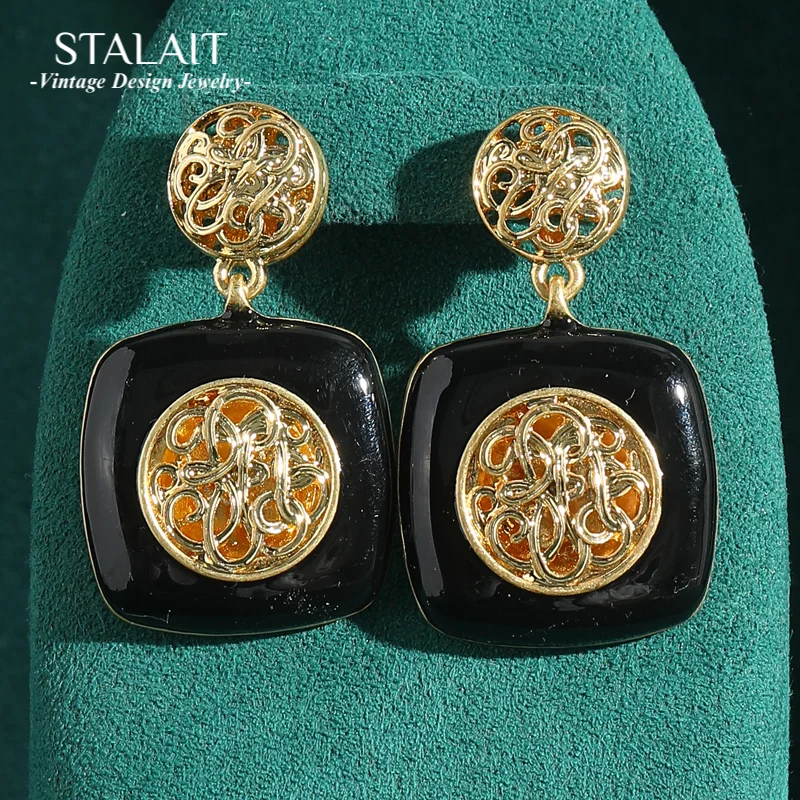 

Vintage Gold Color Black Earrings Square Ball Drop Dangle Luxury Designer Brands Charm Antique Women'S Jewelry Accessories 2025