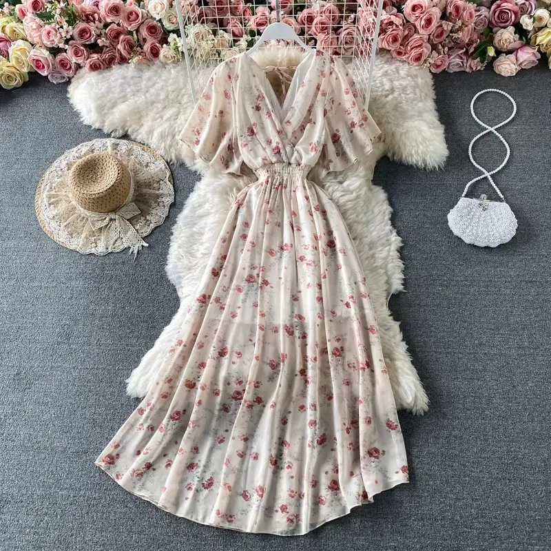 Boho Blumenmuster Chiffon Maxikleid Damen Sexy V-Ausschnitt Kurzarm Langes Strandkleid Sommer Urlaub Sonnenkleid Vestidos
