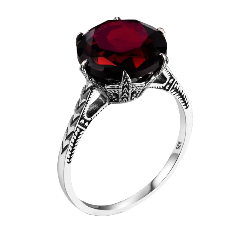 

Dark Red Garnet Rings For Women Real 925 Sterling Silver Flower Charms Brand Wedding Engagement Jewelry Anniversary Gift