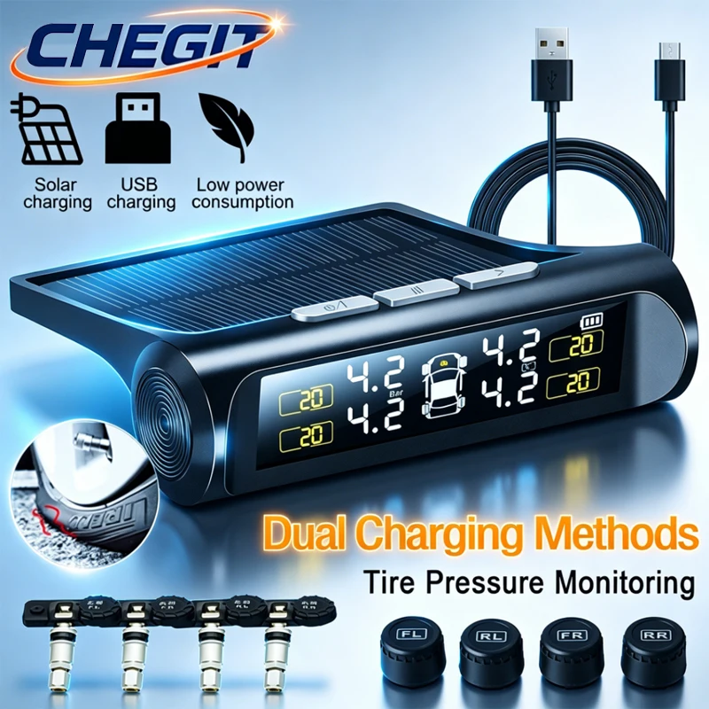 Universal TPMS Smart Car Digital LCD Display Tyre Pressure Monitoring System 4 Sensors Auto Security Alarm Solar Charging