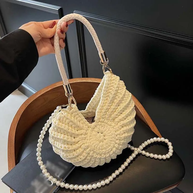 

Women Elegant Knitted Shoulder Bag Stylish Seaside Conch Shell Crossbody Bag Summer Vacation Beach Small Handbag Clutch Bags