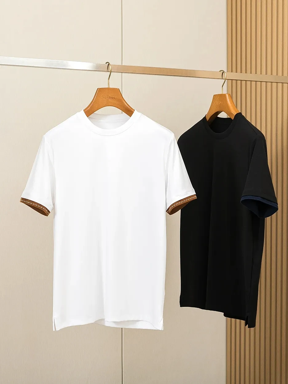 

Summer Men's round Ne ort Sve T-irt Comfortable Loose Fit Silk Cotton Pure Color Simple Design Casual Wear