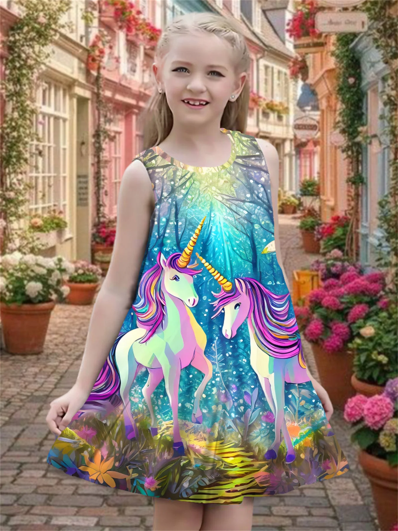 Girls Magical Unicorn Sleeveless Dress, Rainbow Twin Unicorn Forest Print Swing Skirt, Kids Summer Birthday Party Princess Dress
