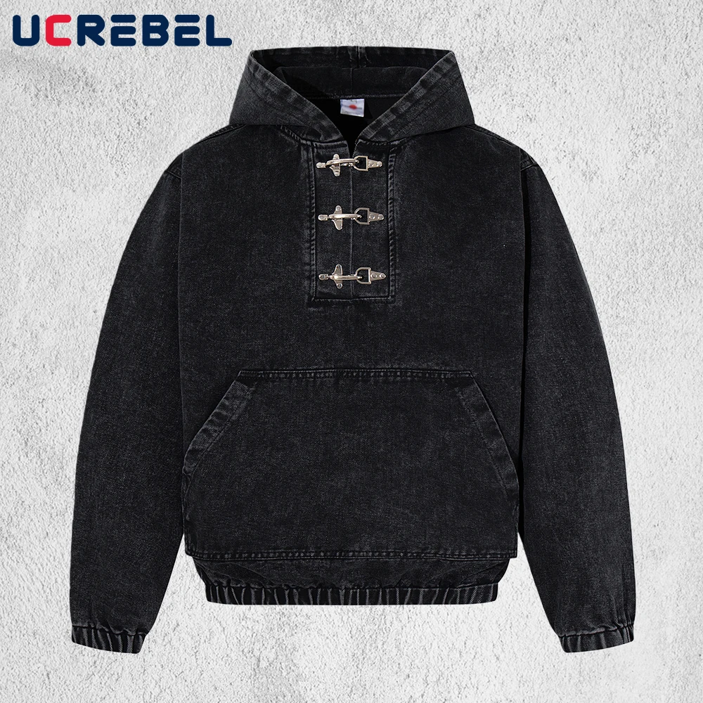 Button Decoration Denim Hooded Sweatshirts Mens Spring Retro High Street Washed Loose Long Sleeve Front Pocket Hoodies Man