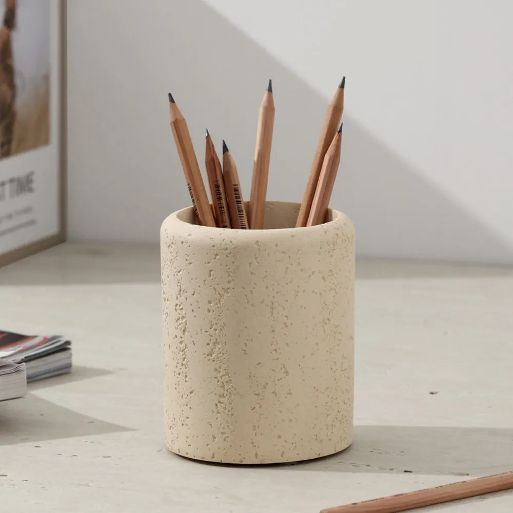 ✨ Japandi Travertine Desk Organizer, Wabi Sabi Dual Compartment Storage Box, Natural Stone Pen Holder for Living Room