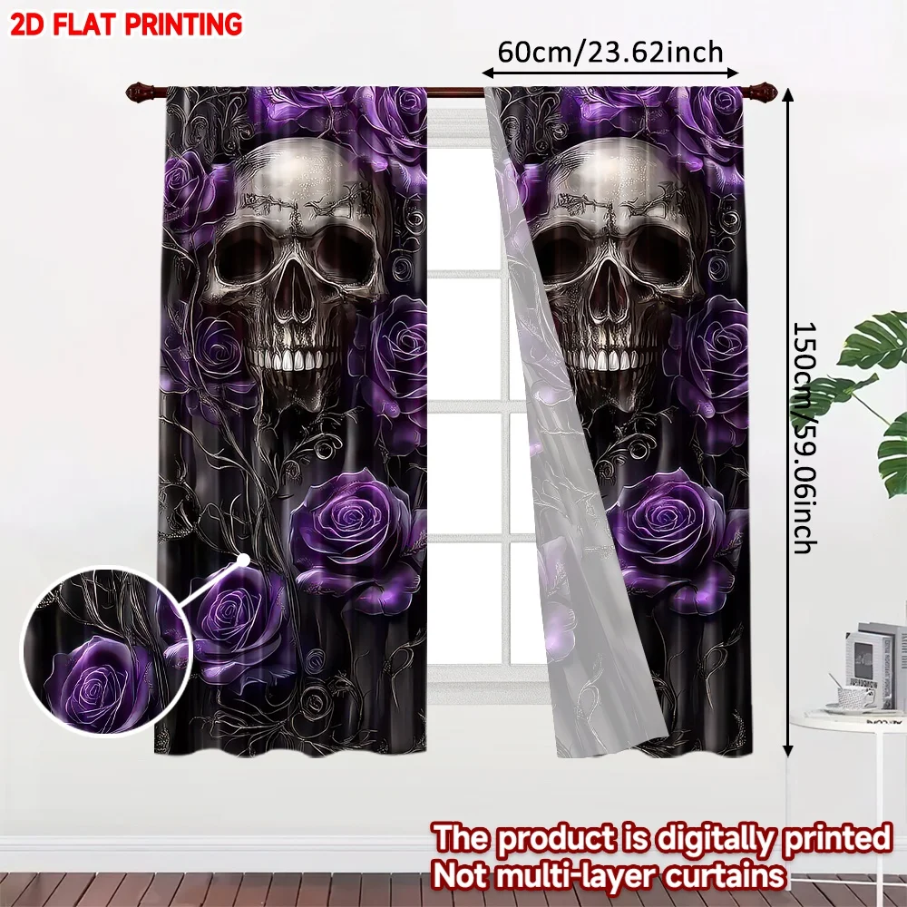 2D flat printing 2pcs Curtains Halloween Skull and Purple Roses Digital Printed Polyester Drapes Festive Holiday for New Year