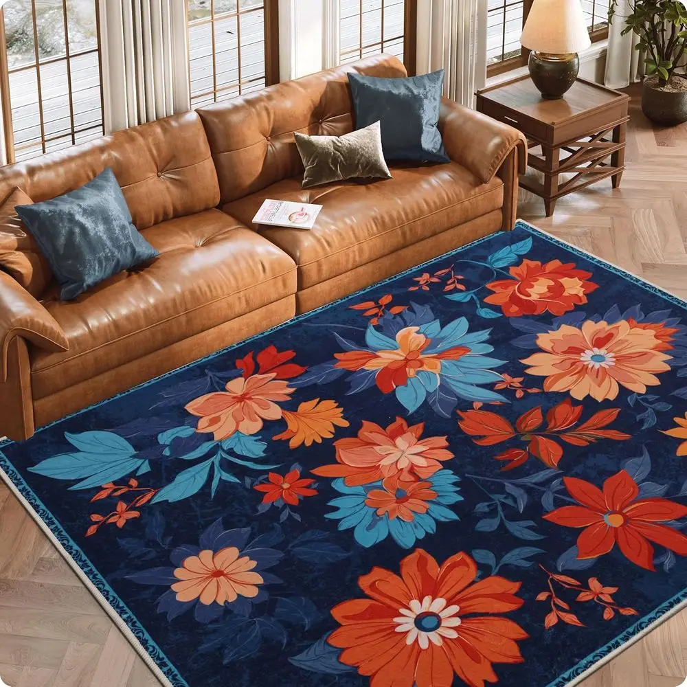 

Blue 5x7 Non-Slip Floral Rug - Washable, Soft, Stain-Resistant for Living Room, Kitchen, Bedroom, Dining Room, and Nursery