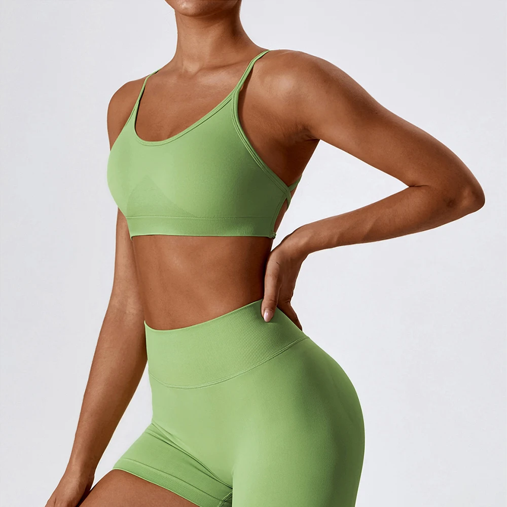 Sutiã esportivo feminino sem costura para ioga, top de compressão absorvente de umidade com costas cruzadas para corrida, fitness, treino, roupas esportivas