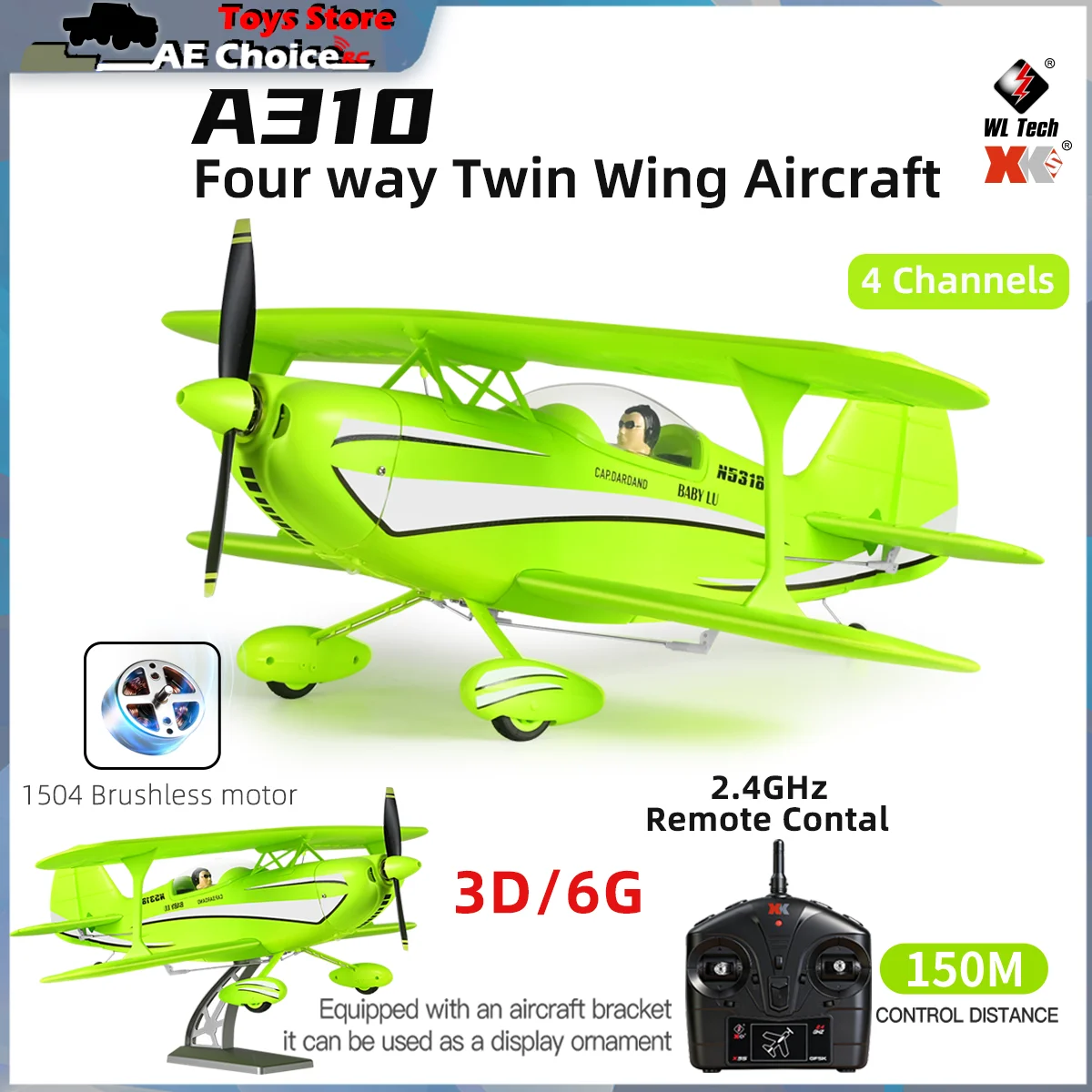 

New WLtoys A310 RC Aircraft 2.4GHz Brushless Motor 3D6G with Gyroscope Dual Wings Four Channel Airplane Toy for Boys Kids Gifts