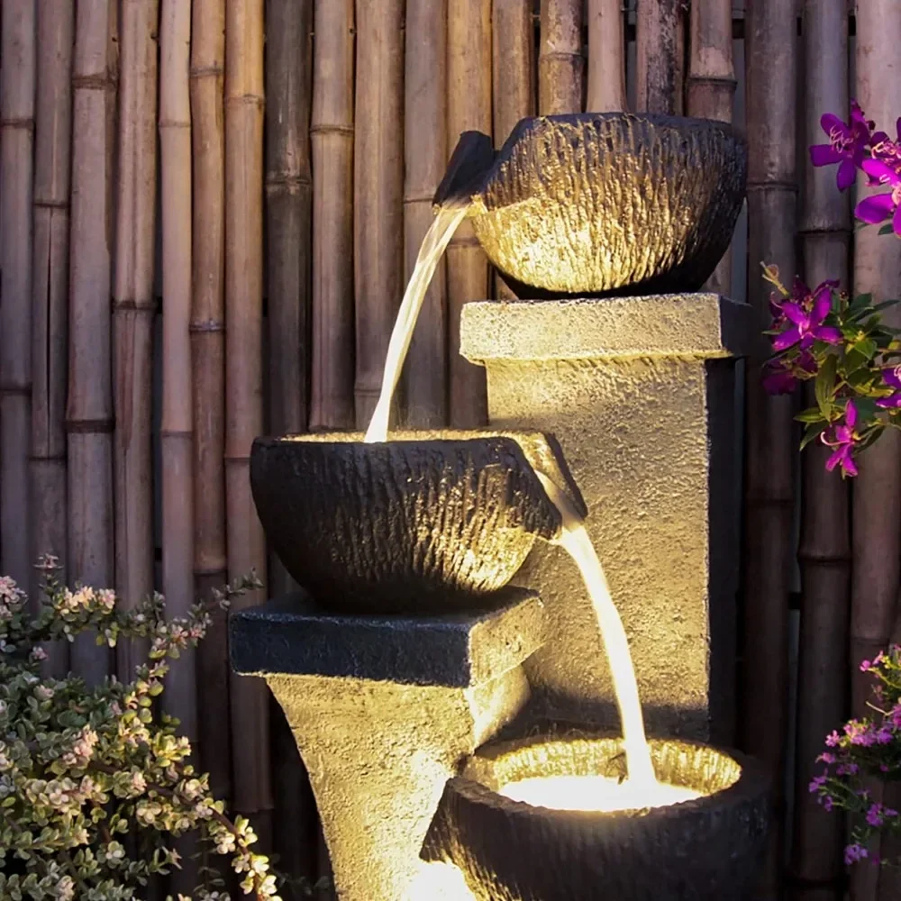 Fontaine d'Eau d'Extérieur Moderne à 4 Crocs, Sol Lumineux à LED, Décor en Polyrésine Naturelle pour Jardin, .c, Arrière-Cour