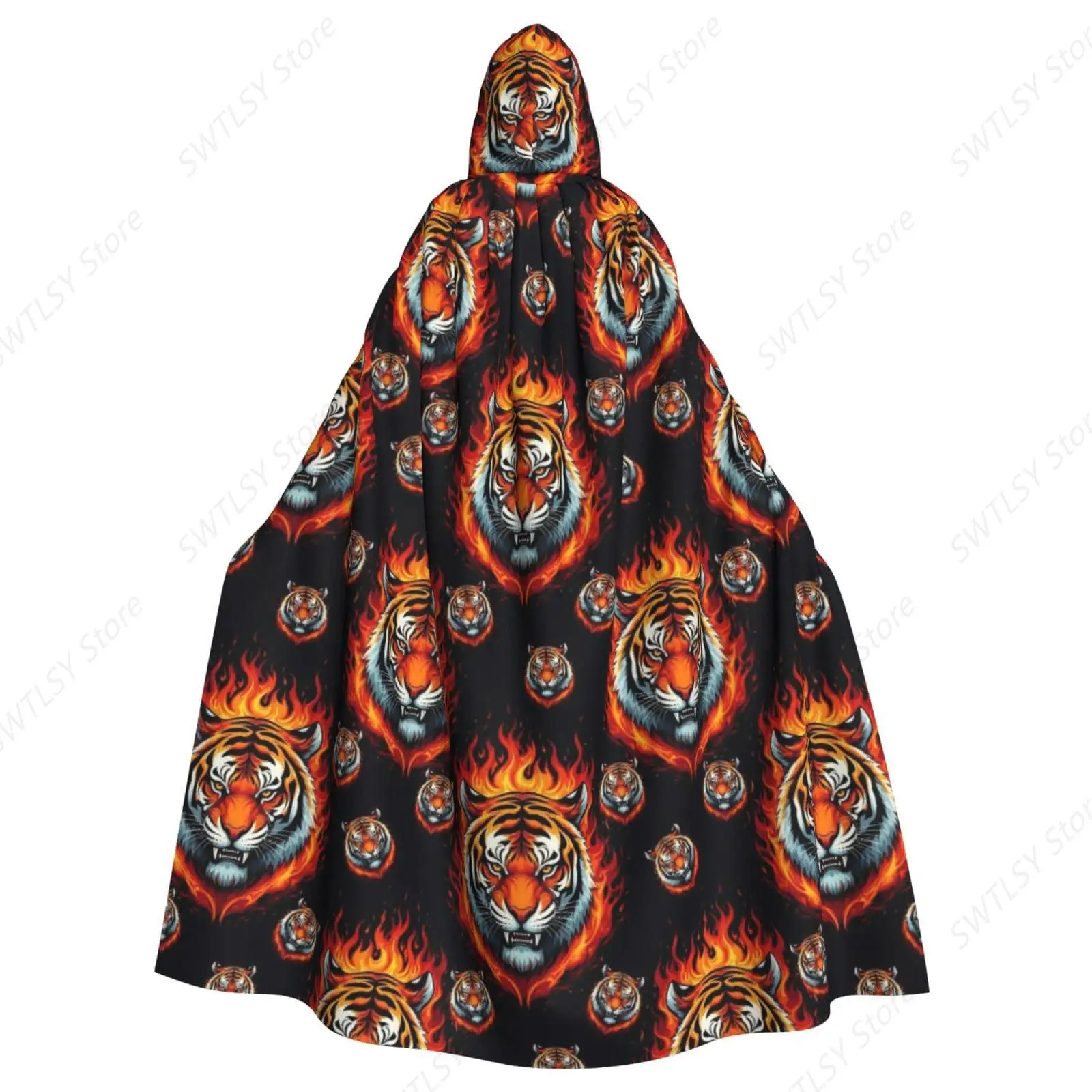 Women Men Halloween Christmas Costumes Hooded Cape Compatible with Wild And Angry Tiger Fire Flame King Roar Art, Cosplay Party