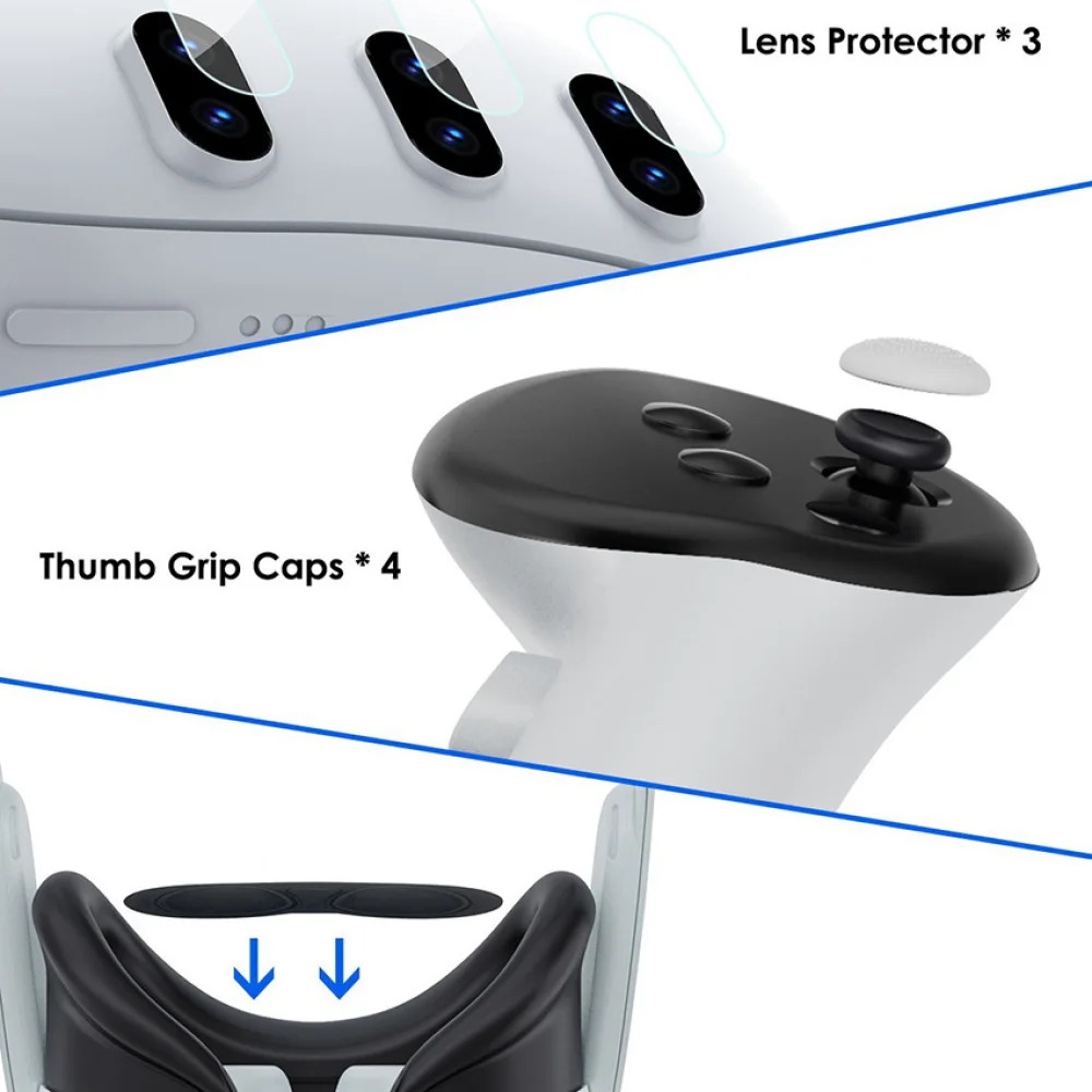 VR แว่นตาชุดป้องกันกระจกนิรภัยฟิล์มฝาครอบเลนส์ + VR Grip Rocker Cap + คริสตัล + Face Pad Combo อุปกรณ์เสริมสําหรับ Quest 3