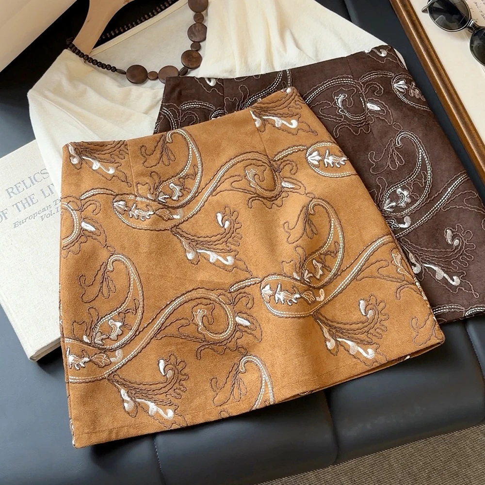 Retro Embroidered Suede Half Length Skirt for Women Autumn High Waist Slim A-line Hip Mini Skirts Casual Daily Wear Outfit