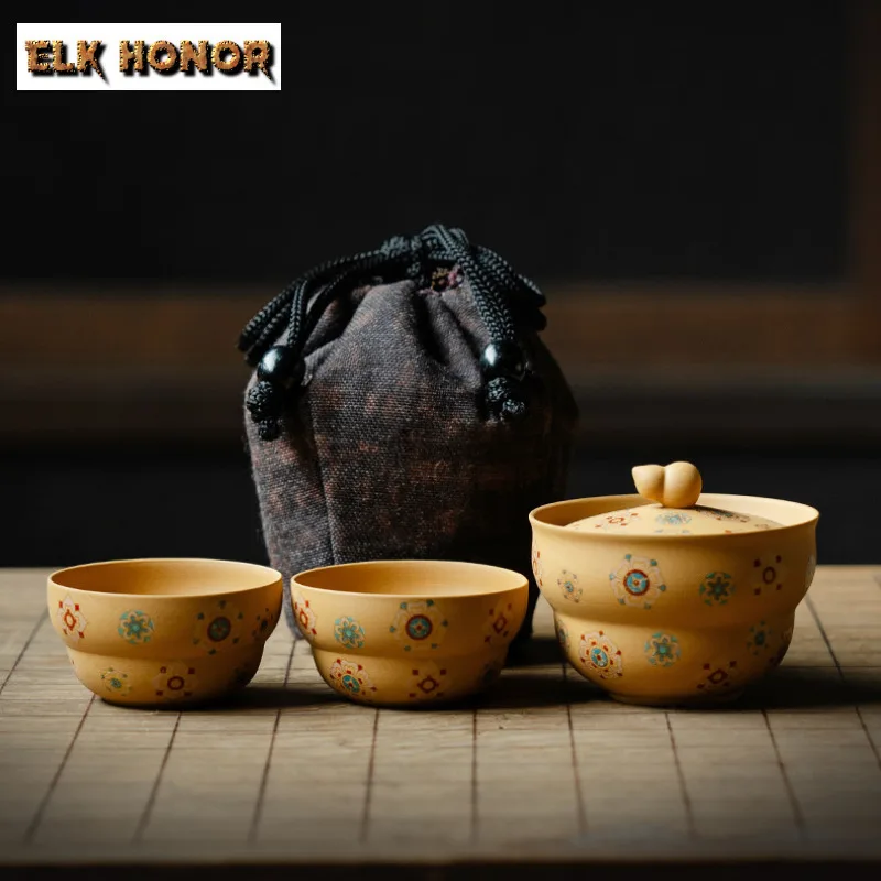 Baoxianghua Gourd Hand Grab Zisha Teapot Travel Tea Set Kit Retro 1 Pot 2 Cups Tea Maker Organizer Portable Picnic Stock Bags