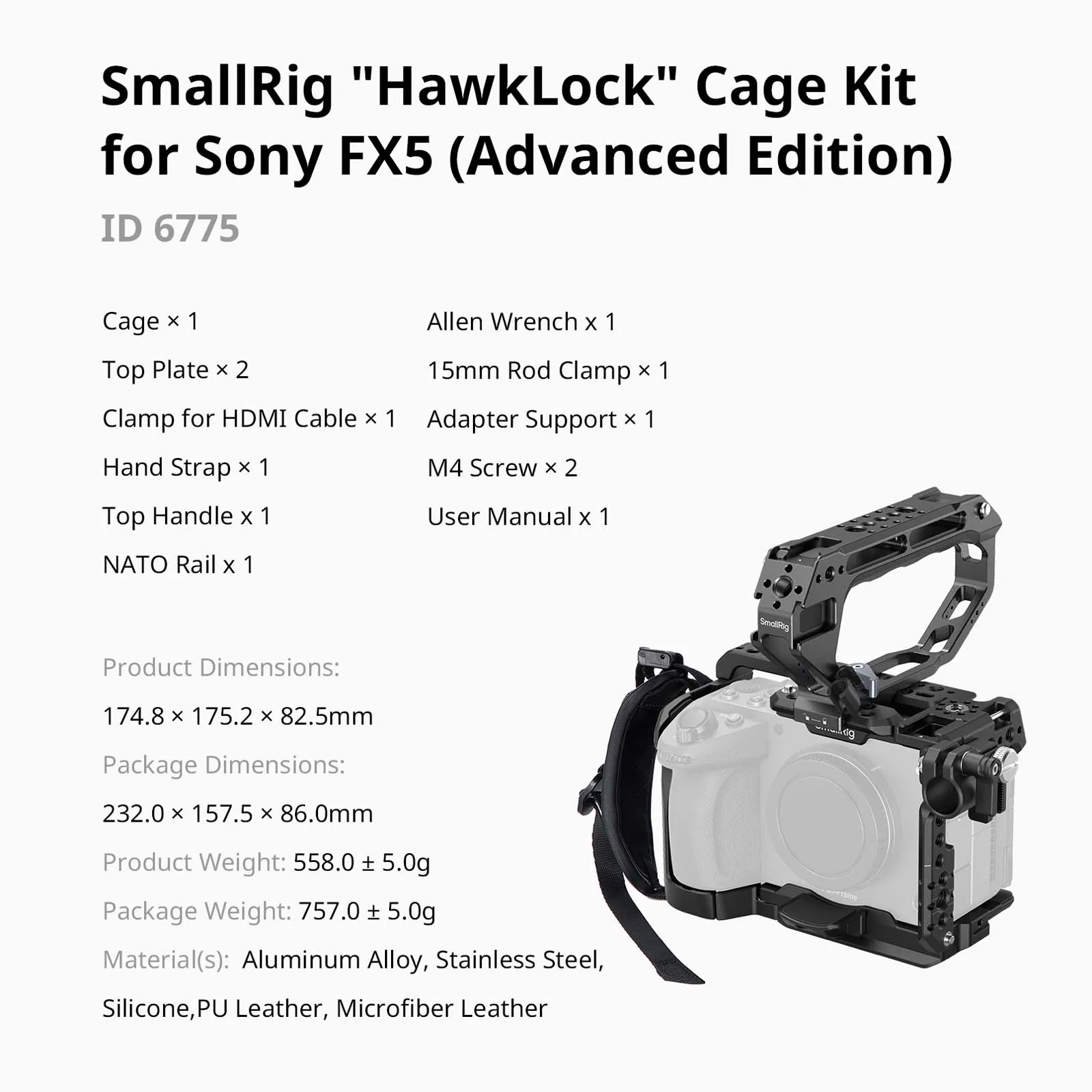 SmallRig FX5 "Hawklock" Cage Kit voor Sony FX5, met bovenhandgreep, NATO-rail, bovenplaatklem en Arca-type snelkoppelingsplaat voor statief