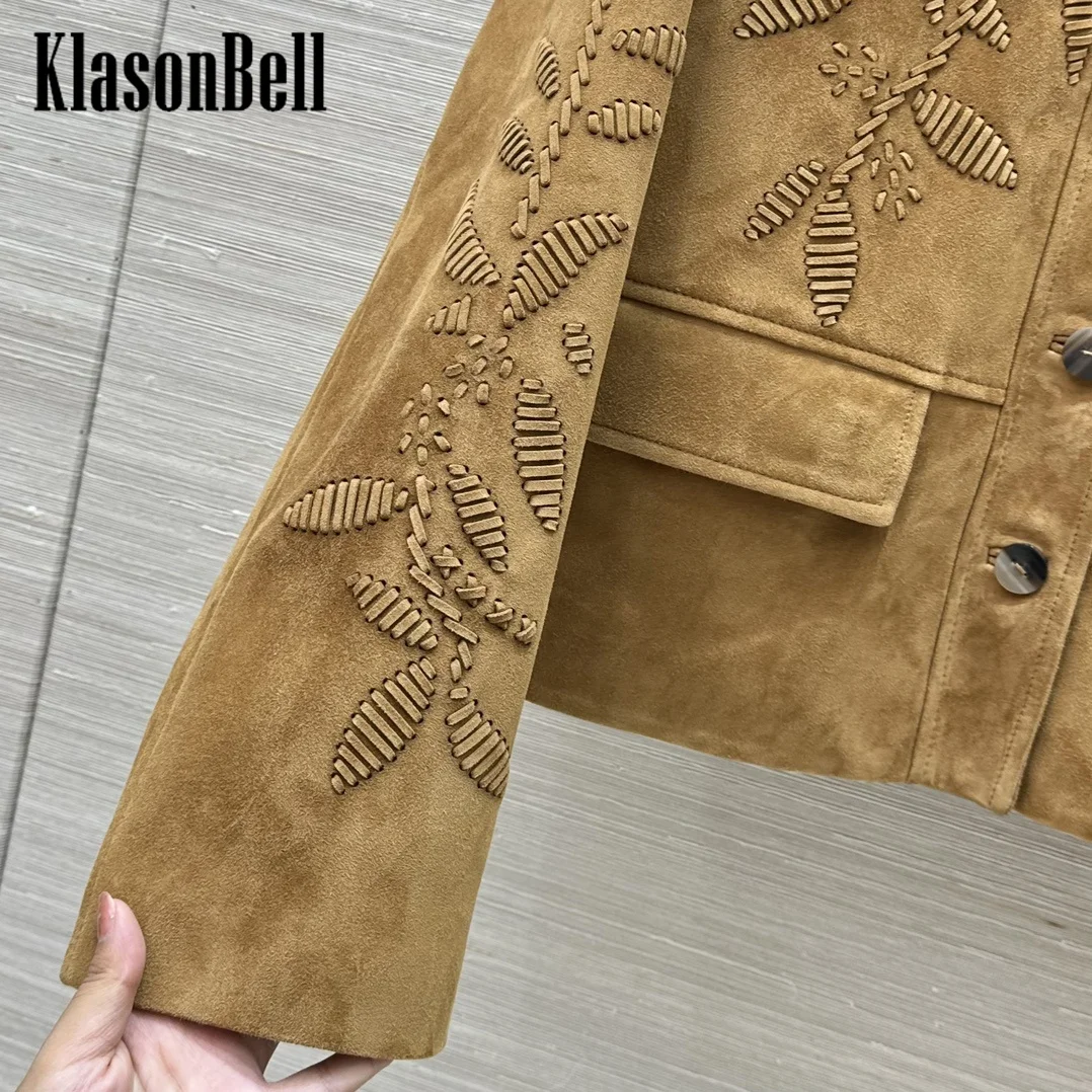 9.9 KlasonBell Women Three-dimensional Hand Embroidery Sweet Girl Coat 100% Suede Sheepskin Single Breasted Short Jacket